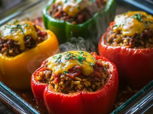 Gefüllte Paprika mit Hackfleisch mit Reis Serviervorschlag