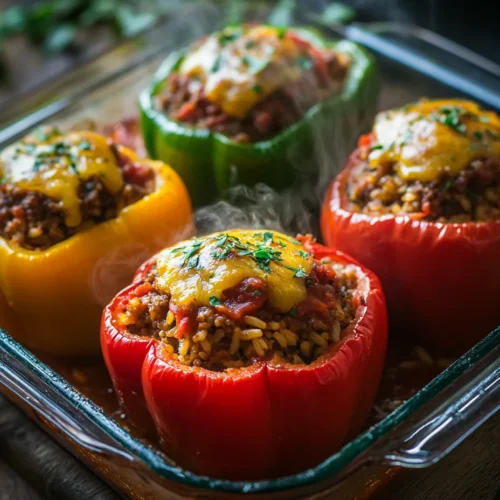 Gefüllte Paprika mit Hackfleisch mit Reis Serviervorschlag